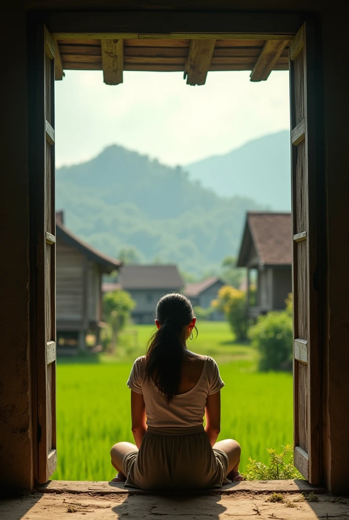 (Photorealism 1.2) high detailed definition cinematic cinematography one women sit at middle of door look outside  background Malay Kampong village morning mode mountain paddy field old rusty wood house