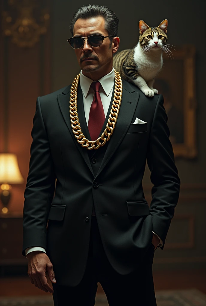 Gangster creates, with a gold chain and a cat on the side, armed and dating