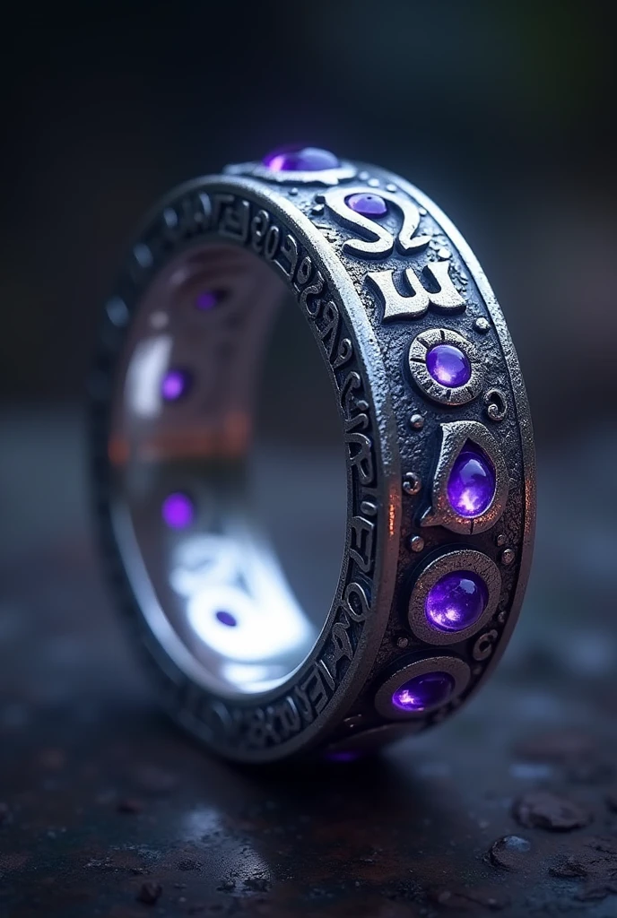 Create a ring with silver in colour. Inscript with ancient Sanskrit word and in each word put small purple colour gem or diamond and and keep a glow with same colour of gem and it has trapped a demon of Hindu mythology where all the power comes from that ring
