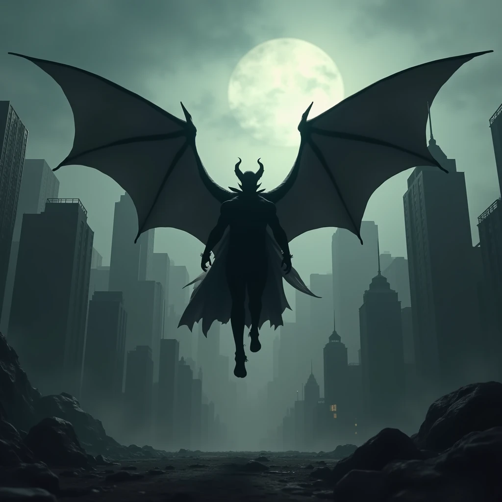 VAMPIRE FLYING AWAY, FROM THE BACK PERSPECTIVE, in a city