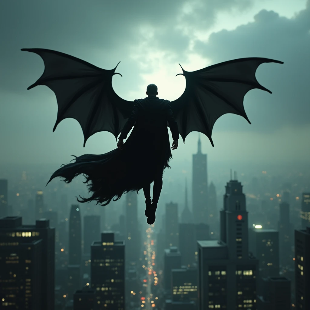 VAMPIRE FLYING AWAY, FROM THE BACK PERSPECTIVE, in a city