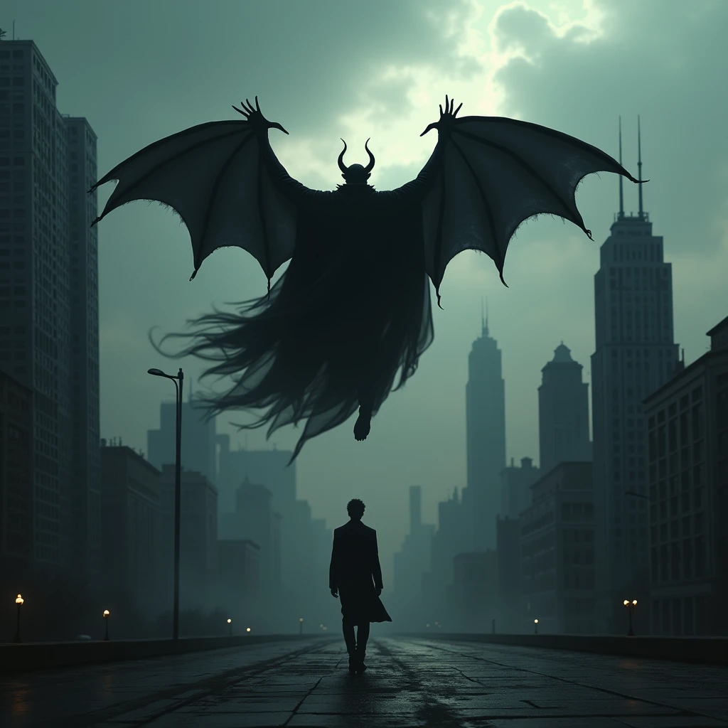 VAMPIRE FLYING AWAY, FROM THE BACK PERSPECTIVE, in a city