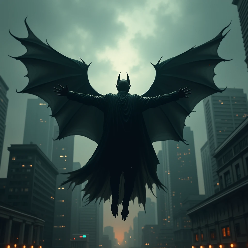 VAMPIRE FLYING AWAY, FROM THE BACK PERSPECTIVE, in a city