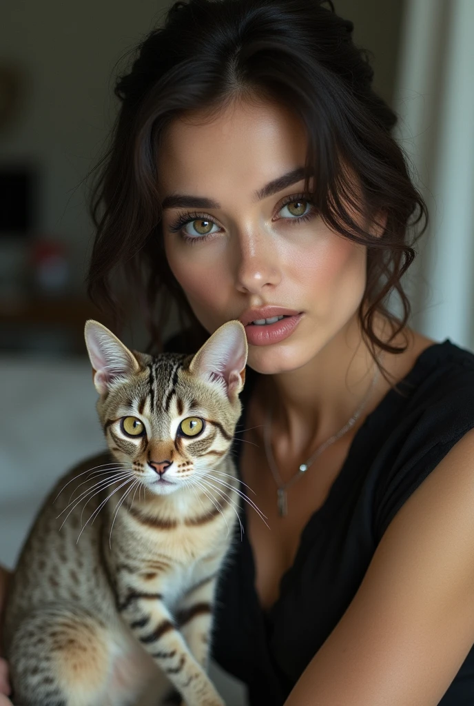 A beautiful women taking selfie with her cat facing the camera (not smiling)