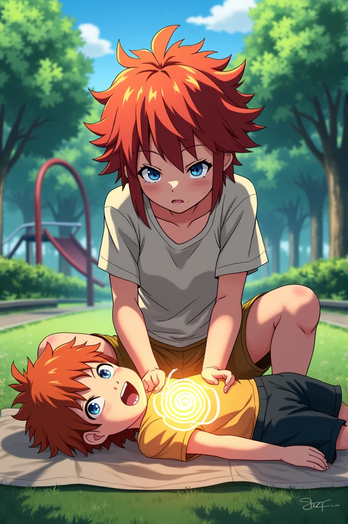 Image capture from my hero academia A girl with short, messy red-orange hair and blue eyes healing Deku as a child with her power in a park