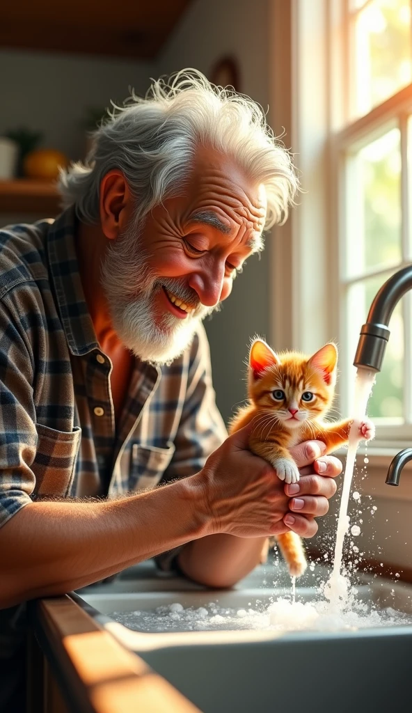 create realistic images An elderly man with gray hair and a plaid shirt is joyfully washing a small red kitten covered in soap in a sink. He is smiling broadly, clearly enjoying the moment, while water flows from the faucet onto the kitten, creating a playful, bubbly scene. The background features a cozy kitchen ambiance with light streaming through the window.