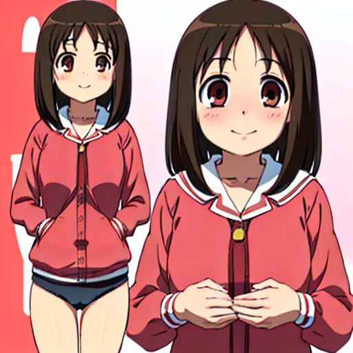 ((One person,)) ayumu kasuga, Brown Hair, Brown eyes, smile, Open your mouth, Very detailed,high quality,blush,Small breasts,((Showing off your crotch,))(((Big Futanari)))Lower Body,