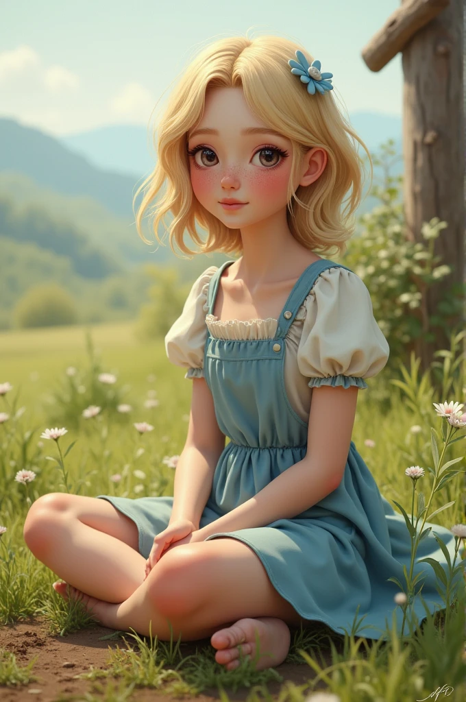 make me a 1 female character with white blonde skin, had salon-wave hair, clear eyes, freckles, she was a little chubby and was wearing a light blue dress. His legs had some light spots, type of a cow (vitiligo, I think that's the name). she sitting on the grass floor covered in mud. on a farm