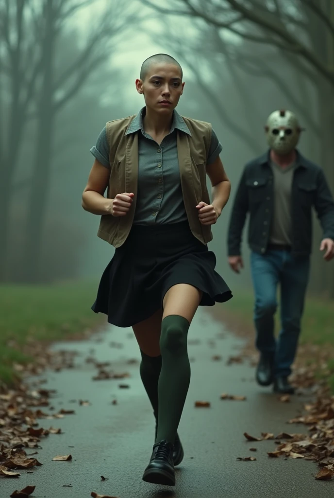 ((Highest quality)), ((masterpiece)), (horror movie posters:1.5), ((Jason)), ((Pigeon-faced woman)), (Shaved woman), (Motion Blur:1.1), ((逃げるJasonを後ろから追いかける筋肉質な坊主のグレーの女性のハト)), グレーのShaved womanのハトがオフホワイトで襟付きの半そでシャツに薄茶色のベストを着てひざ丈の黒いスカートに短い濃い緑の靴下と黒の靴を履いている, Photorealistic images,