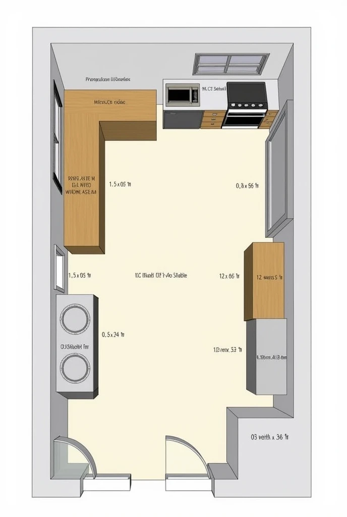 Draw a 3D color plan of a kitchen space (3,50 m x 6 m) with the names of the areas, for example the preparation area and so on, in addition to the centimeters that are used,
Kitchen plan 1. Preparation area (2 m x 1,5 m)
    - Located in the left corner of the kitchen - Work table (1 m x 0,60 m)
    - Washbasin (0,50 m x 0,40 m)
    - Storage of ingredients (0,50 m x 0,40 m)
2. Cooking area (2 m x 1,5 m)
    - Located next to the preparation area - Stove (0,60 m x 0,40 m)
    - Microwave oven (0,30 m x 0,20 m)
    - Storing cooking utensils (0,50 m x 0,40 m)
