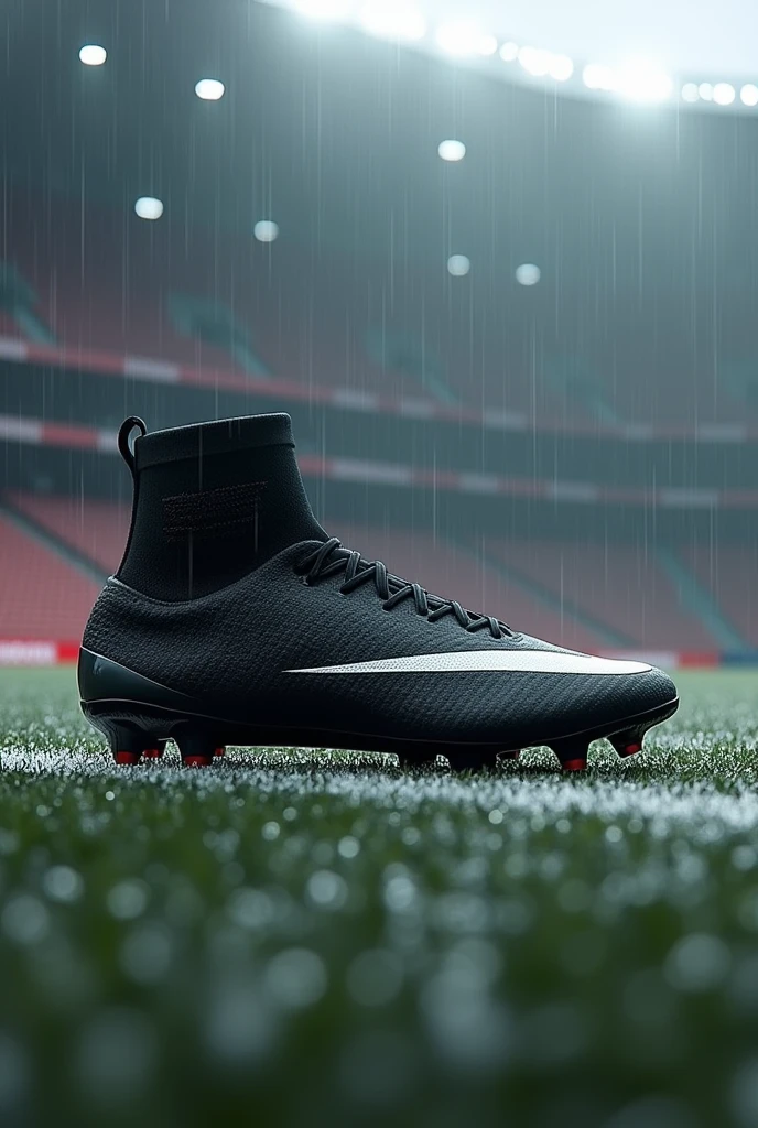 Create a soccer shoe that has the colors black and white and a soccer stadium with rain in the background