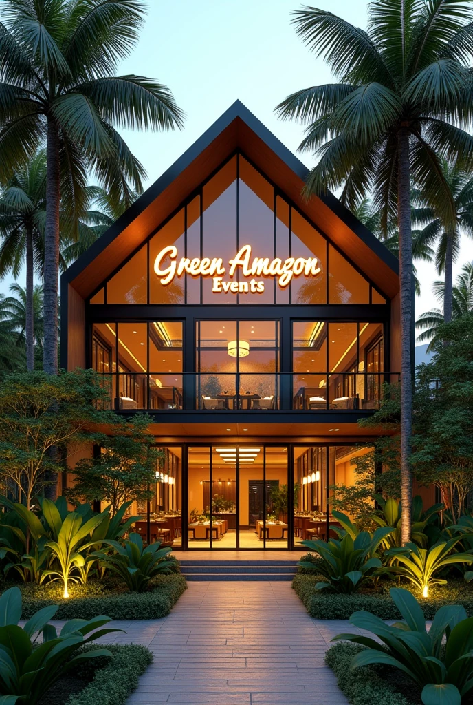 Make a large building in the shape of a two-story house, with glass windows, lights, coconut trees in the outdoor area, large illuminated sign, Written "Green Amazon events" In Portuguese, large interior, fullcolor, Trees, Company de eventos de grande porte, city center building, Company 