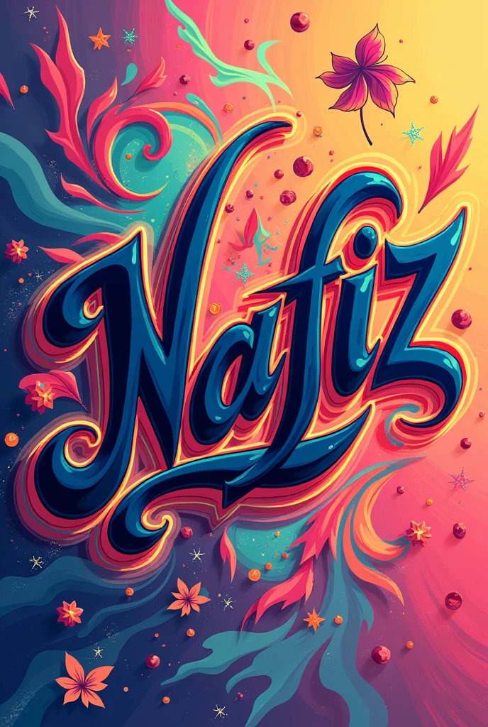 Nafiz word in English calligraphy with background of anime design