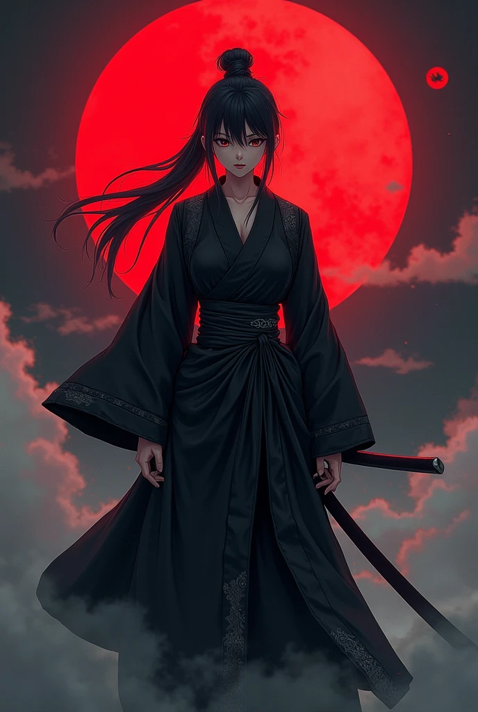 Anime samurai girl in black robes wearing a samurai hat and a katana drawn in front of her face with a red moon background covered in fog