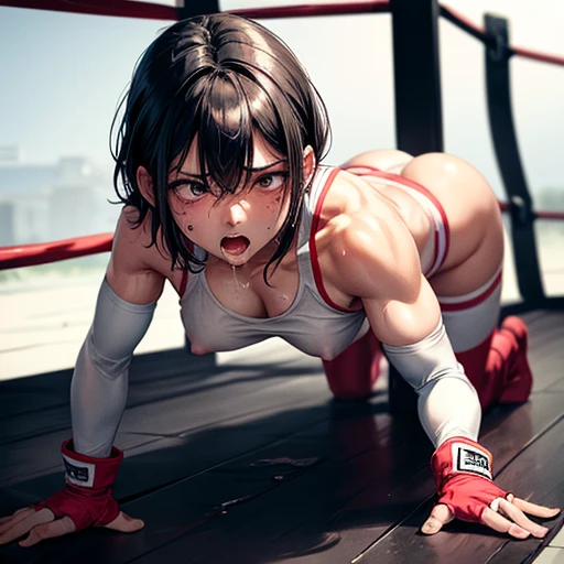 a japanese female fighter is beated down in the octagon fighting ring of underground arena with audience. She is on all fours. She is glaring at the opponent with an upward glance. She has the will to fight. A bloodied and bruised female fighter is trying to stand from down. She has a lot of punches from the male fighter. she has big pain. she is damaged terribry. Short-cut black hair, out of breath, drooling from mouth, exhausted, drenched in sweat. Erect nipples, open finger glove, Whittled waistline, muscular, six-pack abs, Ragged white and pink lined sports bra, high leg panty, Stockings. armwarmers. Puffy nipples.