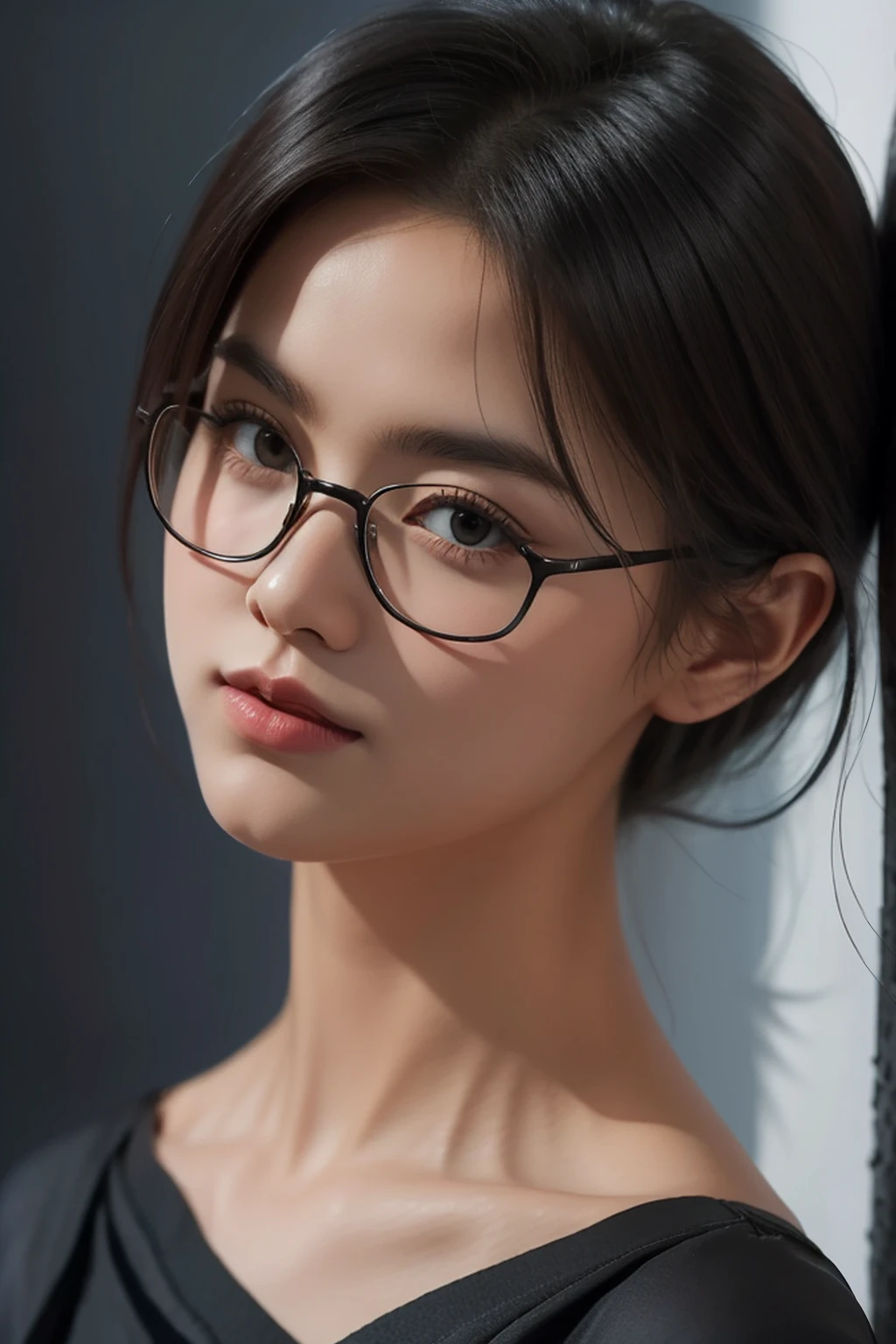 A 16k realistic portrait masterpiece, realistic soft detailed lines, highest resolution, every detail, meticulousness, depth of field, bright colors, beautiful composition: a girl teenage girl wearing thin-rimmed glasses, smiling cheerfully, light makeup with trendy short black hair and beautifully detailed innocent eyes, standing on a dark and ominous scene. sexy silk dress.