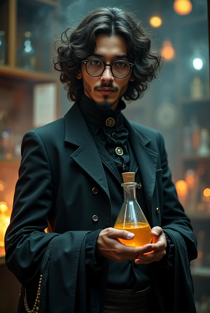 A potrait of a bisexual male genius alchemist poet of indian-europian ethnicity with no facial hair with glasses and fuzzy puffy hair that reaches his shoulders like newton holding a chemical flask wearing a flamboyant androgynous black dress like French royalty in a laboratory with brown hazel eyes and a mysterious curious look in a dark magical gothic atmosphere having chemistry magic engulfing him