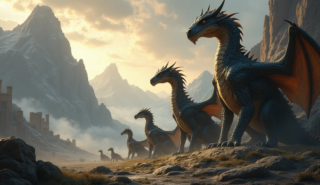 Create a digital art scene with an ancient, epic atmosphere, similar to the provided image. Feature a family of dragons, ranging from youngest to oldest, positioned on the right side, facing forward. The scene should have an ancient, mythical look, with the dragons set against a rugged, timeless landscape of mountains, rocky terrain, and ancient ruins. The sky should be dramatic, with clouds and perhaps a hint of magical or fiery light. The overall color scheme should be earthy, with deep tones to evoke an ancient, mysterious vibe, focusing on the grandeur and strength of the dragons in their primal world.