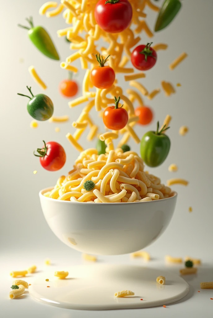 a bowl of white sauce elbow pasta floating from the sky, vibrant bunch of vegetables and uncooked pasta pieces soaring like colorful balloons, photorealistic, hyperdetailed, 8k, studio lighting, vivid colors, cinematic lighting, dramatic lighting, beautiful detailed food, stunning, mouth-watering, exquisite, masterpiece