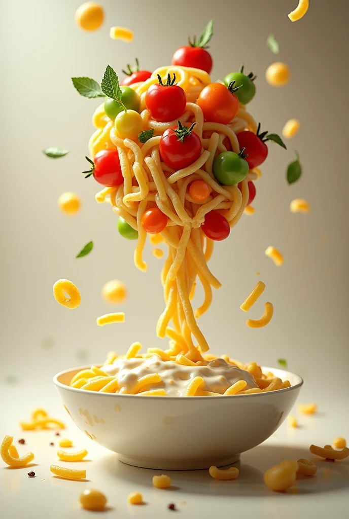a bowl of white sauce elbow pasta floating from the sky, vibrant bunch of vegetables and uncooked pasta pieces soaring like colorful balloons, photorealistic, hyperdetailed, 8k, studio lighting, vivid colors, cinematic lighting, dramatic lighting, beautiful detailed food, stunning, mouth-watering, exquisite, masterpiece