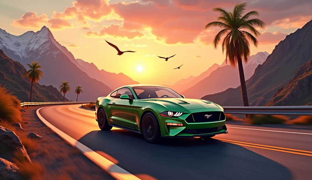 sunset between mountains, light green mustang car in road ultra realistic UHD with palm trees on roadside birds flying