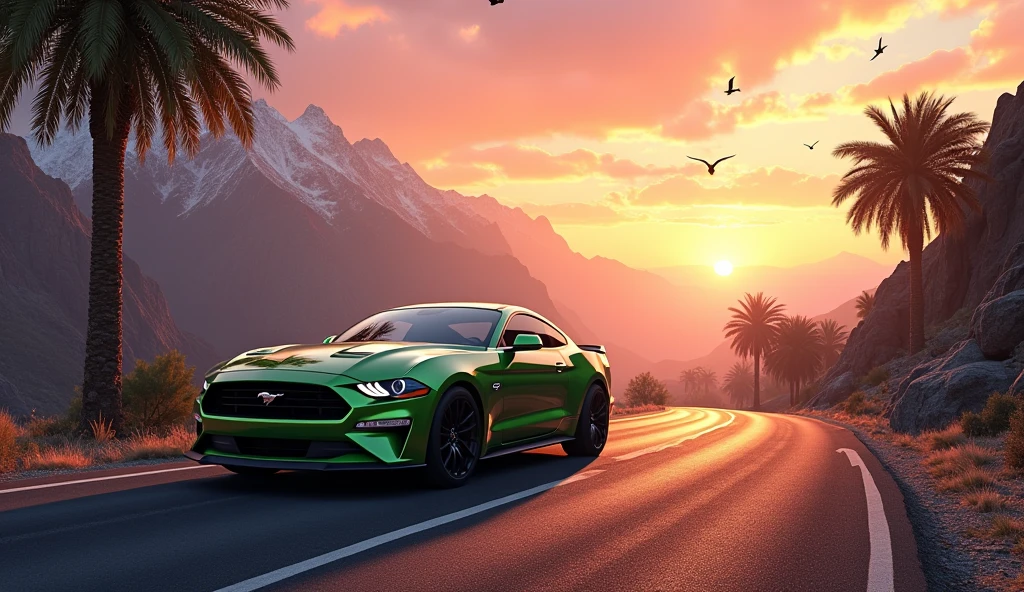 sunset between mountains, light green mustang car in road ultra realistic UHD with palm trees on roadside birds flying 