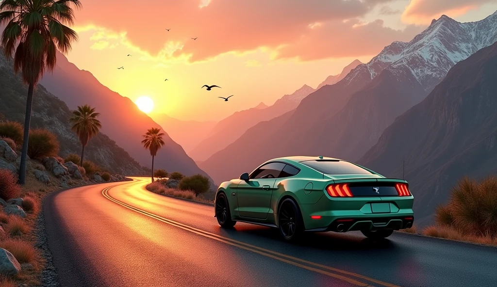 sunset between mountains, light green mustang car in road ultra realistic UHD with palm trees on roadside birds flying