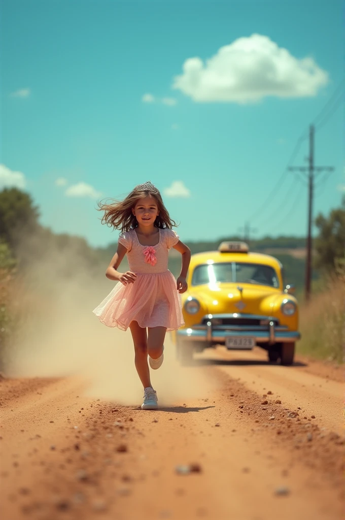 Serra Gaucha, girl dressed in pink with a tiara on her head, car a yellow taxi, the girl tries to reach this car and runs through the middle of the dirt road. You need to show up at the taxi and the landscape in landscape mode is a movie scene, she seems to be desperate, there is dust on the road left by the car, blue sky. low camera angle