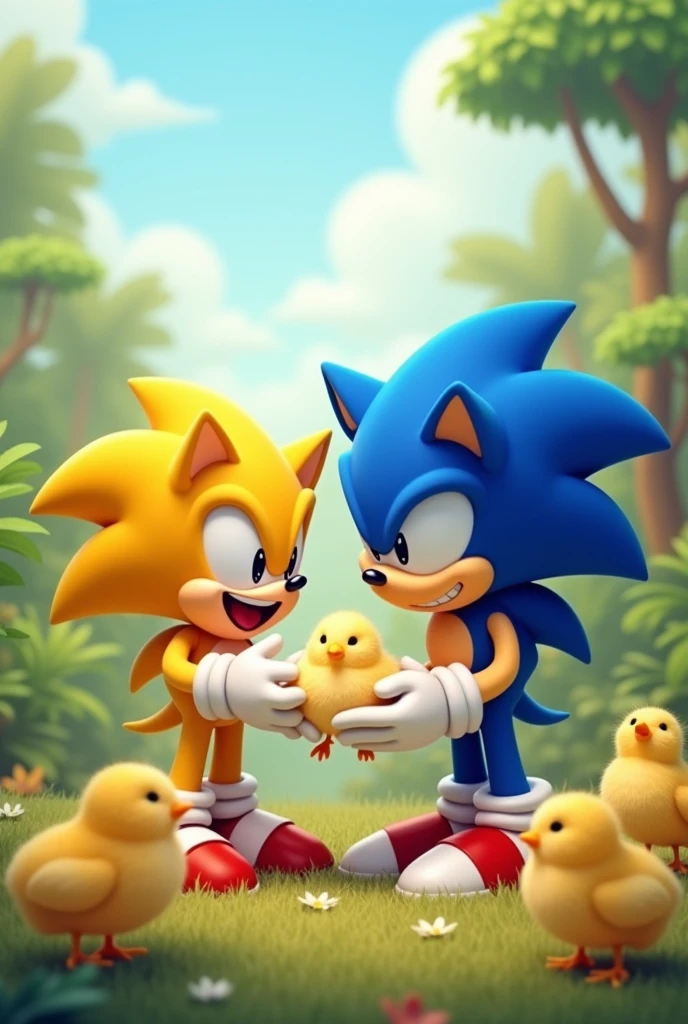 Yellow Sonic laughing and the chicks looking at the blue Sonic taking a knee blessing