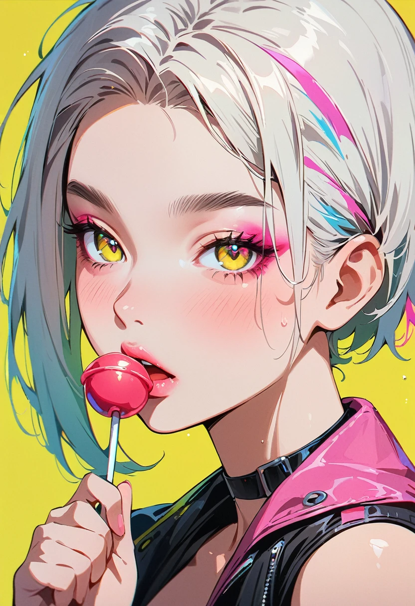 (masterpiece, best quality:1.4), 1 girl, solo, Anime style, Colorful pupils, Blurred eyes, Eat Lollipop, Pink lower lip, Cyberpunk style makeup, Short silver asymmetrical hair, Asymmetrical short hairstyle, Long bangs on one side, Color highlights, Black off-the-shoulder leather jacket, Pure yellow background.