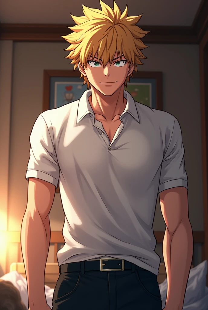 ((work of art)), ((highest quallity)), young male, bakugo katsuki _boku no hero academia, pretentious smile, polo branco, in his bedroom, view from the bottom