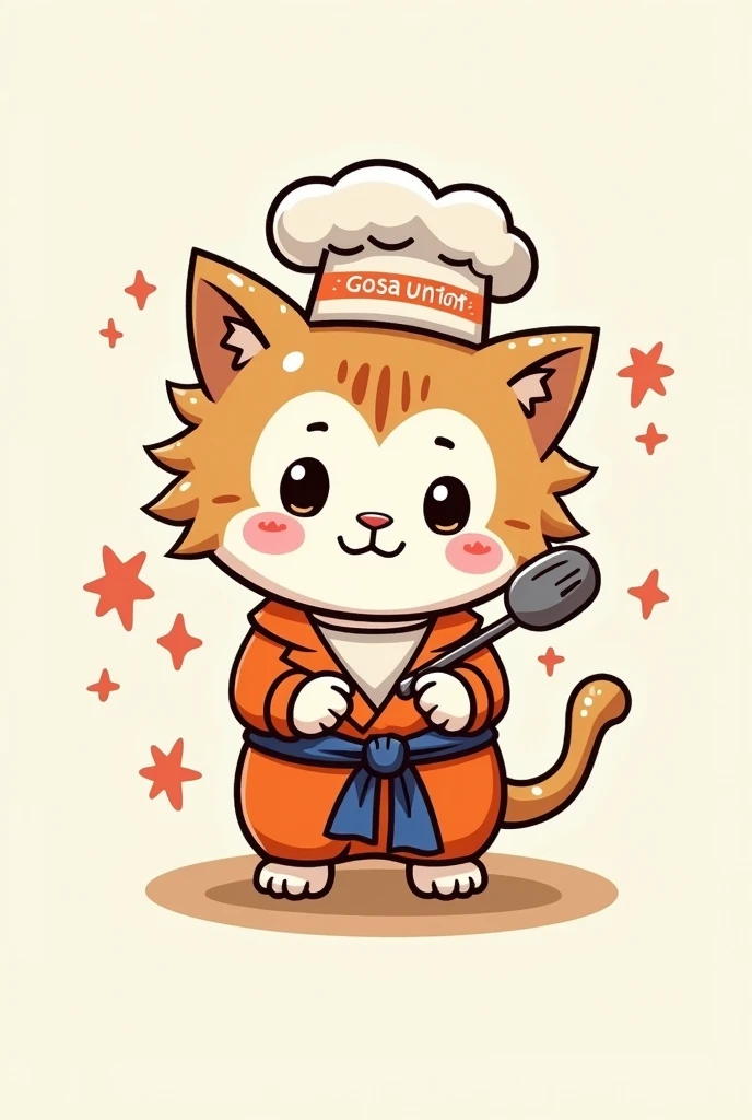 Logo of a small and adorable baby kitten chef Goku with a sign above his head that says "kavitos" cheered up