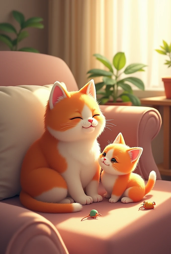 strawberry baby cat A cozy living room. A mother cat is resting on a soft cushion while her baby kitten, who is the size and color of a strawberry, is playing with a small toy mouse nearby