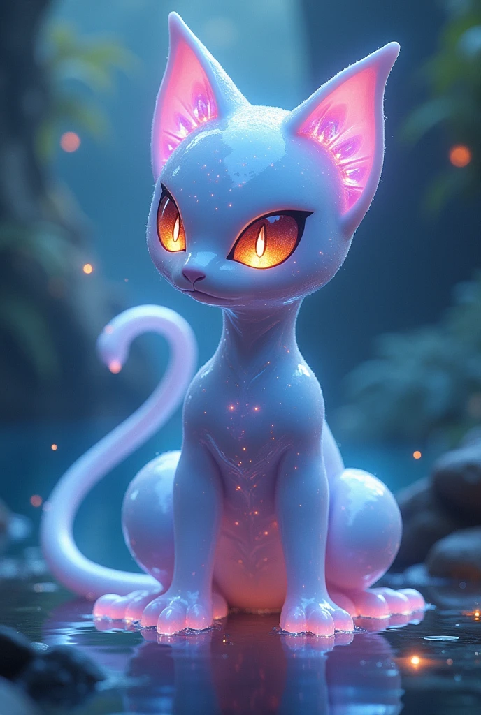 Cute MewTwo translucent that is glowing, bioluminiscent vibrant colors, sparkling eyes, ember in eyes, shining eyes, sharp features, highly detailed, digital painting, artstation, concept art, smooth, sharp focus, beautiful skin, expressive eyes, concept art, fantasy lake background, ultraHd, intricate, highly detailed, Mysterious