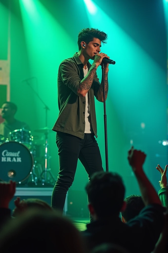 Young man 2, beautiful stylish brown hair. very beautiful, folk style. clear eyes, urban clothing, with tattoos appearing on the arm. on a stage with green and blue lights, singing into a microphone for his excited fans. She is definitely thin