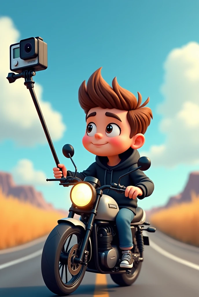 A cartoon traveler boy sitting on the motorcycle left side view with the gopro with the selfie stick with the free road by wearing black hoodie with the side view.