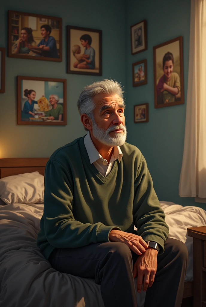 The man thinking deeply, surrounded by images of the good things in his life: memories with family, a warm meal, a place to sleep.