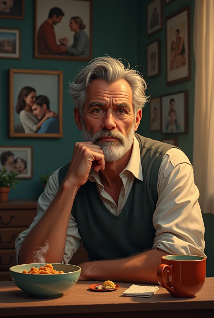 The man thinking deeply, surrounded by images of the good things in his life: memories with family, a warm meal, a place to sleep.