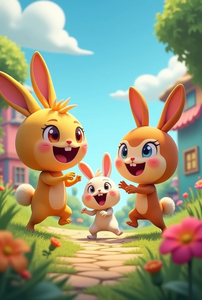 Two Ricki characters (very happy) y Lian (friendly rabbit) in human form , fighting 9
