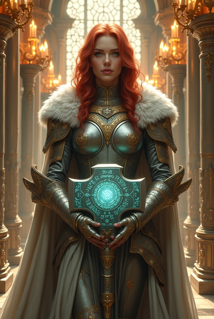 The image depicts an imposing woman in a setting reminiscent of a cathedral or grand royal hall., with luxurious gothic architecture. The central character has a serene and confident expression, with bright green eyes and wavy red hair that falls over her shoulders. She wears ornate armor, rich in gold and silver details, that covers your torso and shoulders, giving her the appearance of a noble warrior. The armor has intricate carvings, with arabesque patterns and symbols that suggest a mystical or religious meaning.
On the woman's shoulders, there is a white fur cape, adding a touch of majesty to your look. She holds, with both hands, a huge war hammer, whose head is meticulously decorated with bright inscriptions and symbols, suggesting that it is a magical or sacred weapon. The hammer emits a blue glow, as if imbued with energy.
Ao fundo, the room is filled with hanging chandeliers, full of lit candles, that gently illuminate the space with a warm, golden light. The columns and arches of the structure are richly decorated, with gold details that capture and reflect light, contributing to the solemn and powerful atmosphere of the scene.