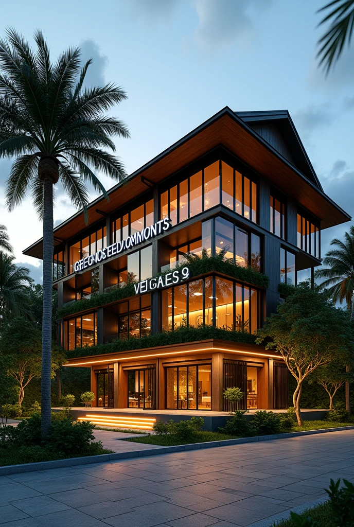 Make a large building in the shape of a two-story house, with glass windows, lights, coconut trees in the outdoor area, large illuminated sign, Written "Green Amazon events" In Portuguese, large interior, fullcolor, Trees, large events company, city center building, big company, sustainable 