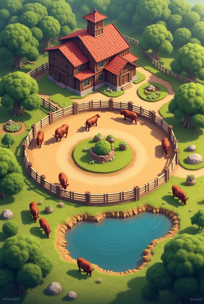 A farm with a round corral in its part, each one for a different paddock with cattle in different stages of life, and then a lake for the animals to drink water. And a place to store the farm&#39;s supplies with its main house. 