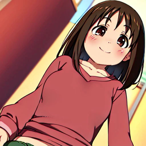 ((One person,)) ayumu kasuga, Brown Hair, Brown eyes, smile, Open your mouth, Very detailed，high quality，blush，Small breasts，((Showing off your crotch，))(((Big Futanari)))Lower body exposed，