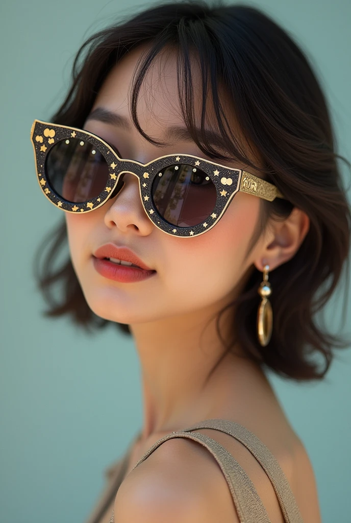 The model is wearing glass sunglasses with stars and the moon on the glass