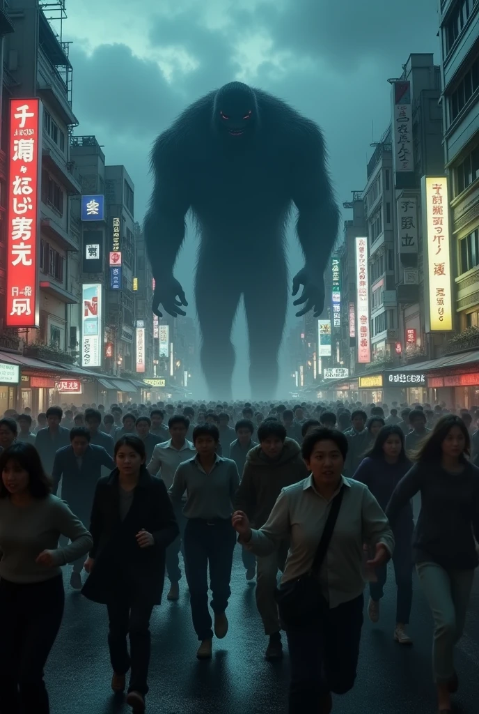 Tokyo、A large group of people are running away from a large, black, man-like monster.、Horror、night、dark、Running towards the camera、Fearful expression