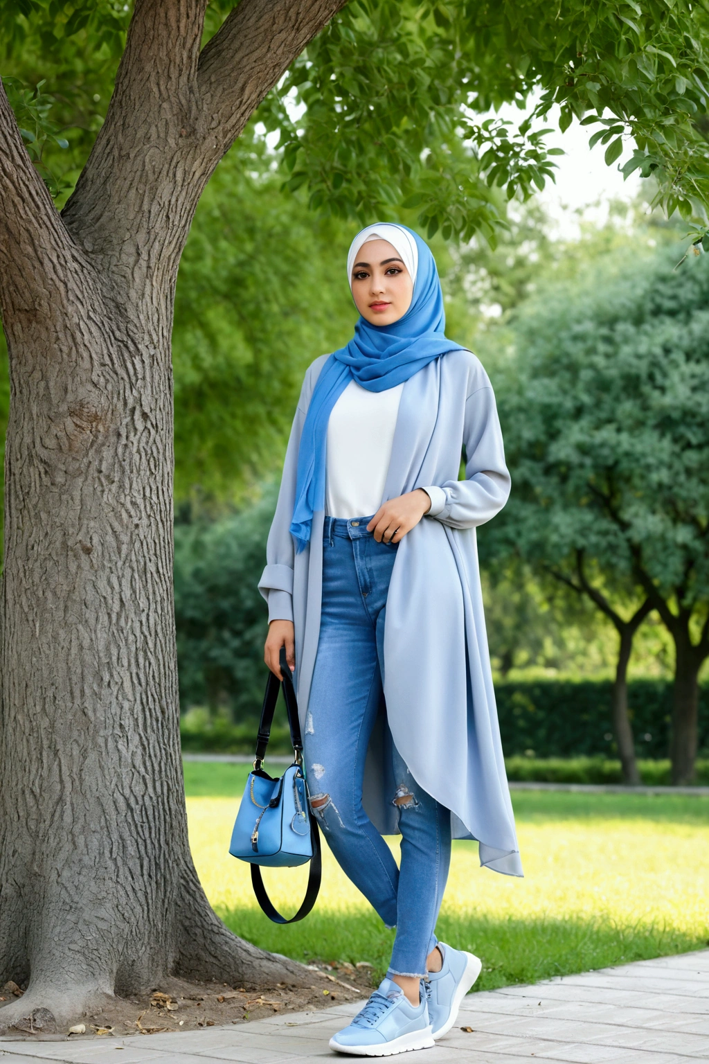 Please make me a realistic photo ((full body)) A woman in an elegant light gray hijab dressed in sky blue, and wearing riped blue jeans, wearing sneaker She is standing facing the viewer near a green tree with a small bag in her hand.