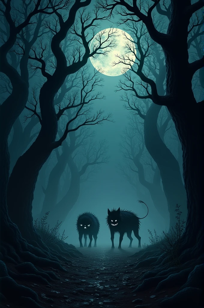 Scary dark forest with scary animals