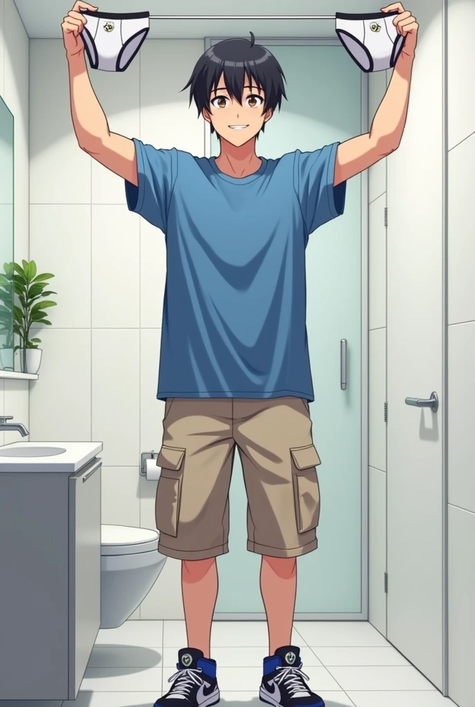 In the image, a cool 1 male teenager, 1.80 meters tall, with white skin and straight black hair, is posing in a bathroom. He is wearing a blue t-shirt and beige cargo pants, complemented by a pair of blue, black and white Air Jordan sneakers. The young man is holding a pair of white boxer briefs (the size he wears) with both hands, showing them to the "camera", with a happy and relieved expression. The bathroom in the background is modern and minimalist, with details such as a large mirror and light tiles. The teenager's expression is relaxed and fun, and he also appears relieved, giving a casual and informal tone to the image, in an anime style, he is holding a pair of boxer briefs of the size this teenager wears, he is without underwear and looks like he just took them off!