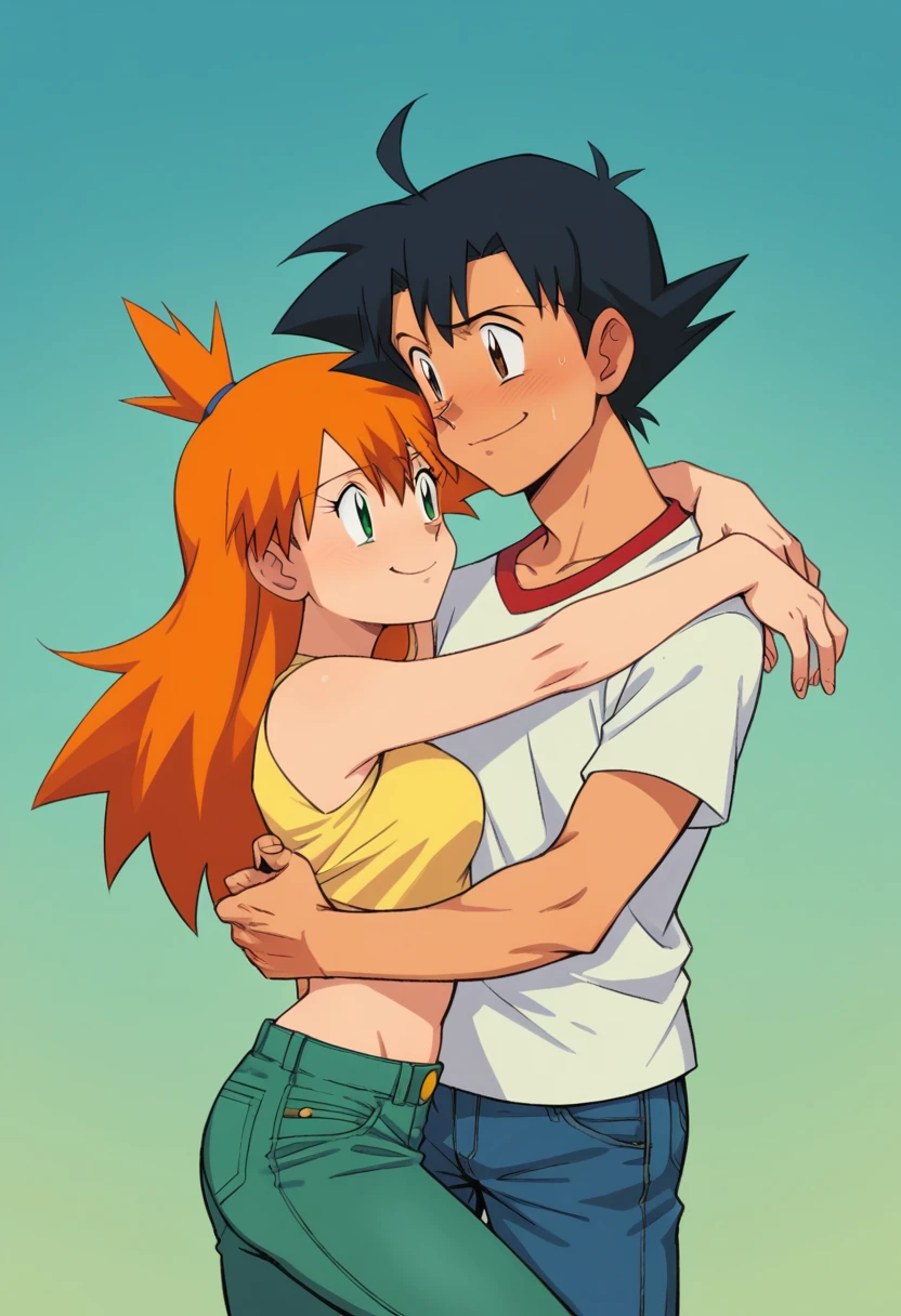 1boy, ash ketchum, black hair, brown eyes, hair between eyes, ash ketchum, black t-shirt, jeans, handsome boy, macho, good looking boy 1girl, misty pokemon, green eyes, orange hair, long hair, hair down, yellow crop top, jeans, pretty, beautiful girl photograph of a 1 couple, in a green meadow, they're showing off their love and affection for each other, they're caressing, hugging, looking at each other