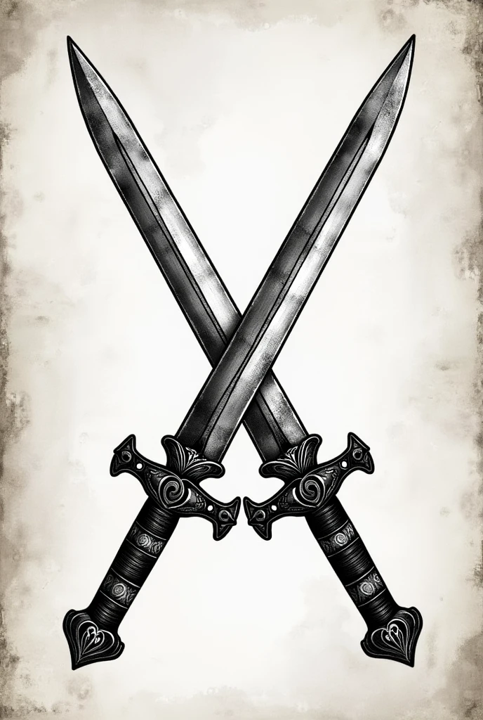 Draw two crossed daggers in black and white in the form of an old school tattoo